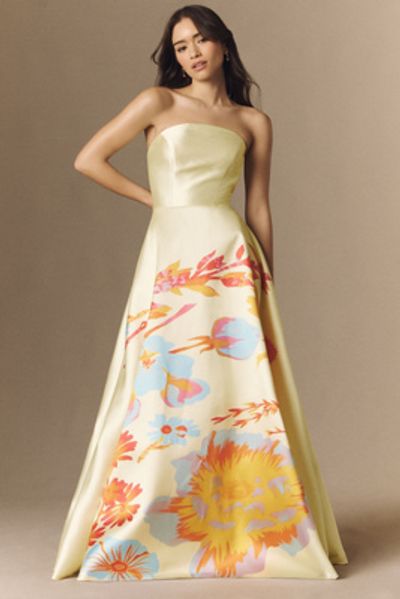Mac Duggal Yellow Strapless Mikado Floral Ball Gown