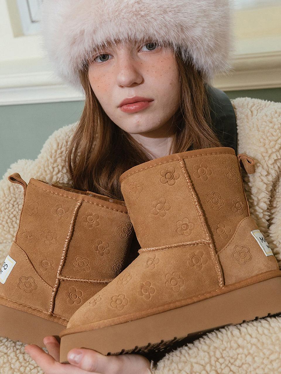 MAC MOC Flower Pattern Cowhide Wool Lined Winter Boots [3colors]