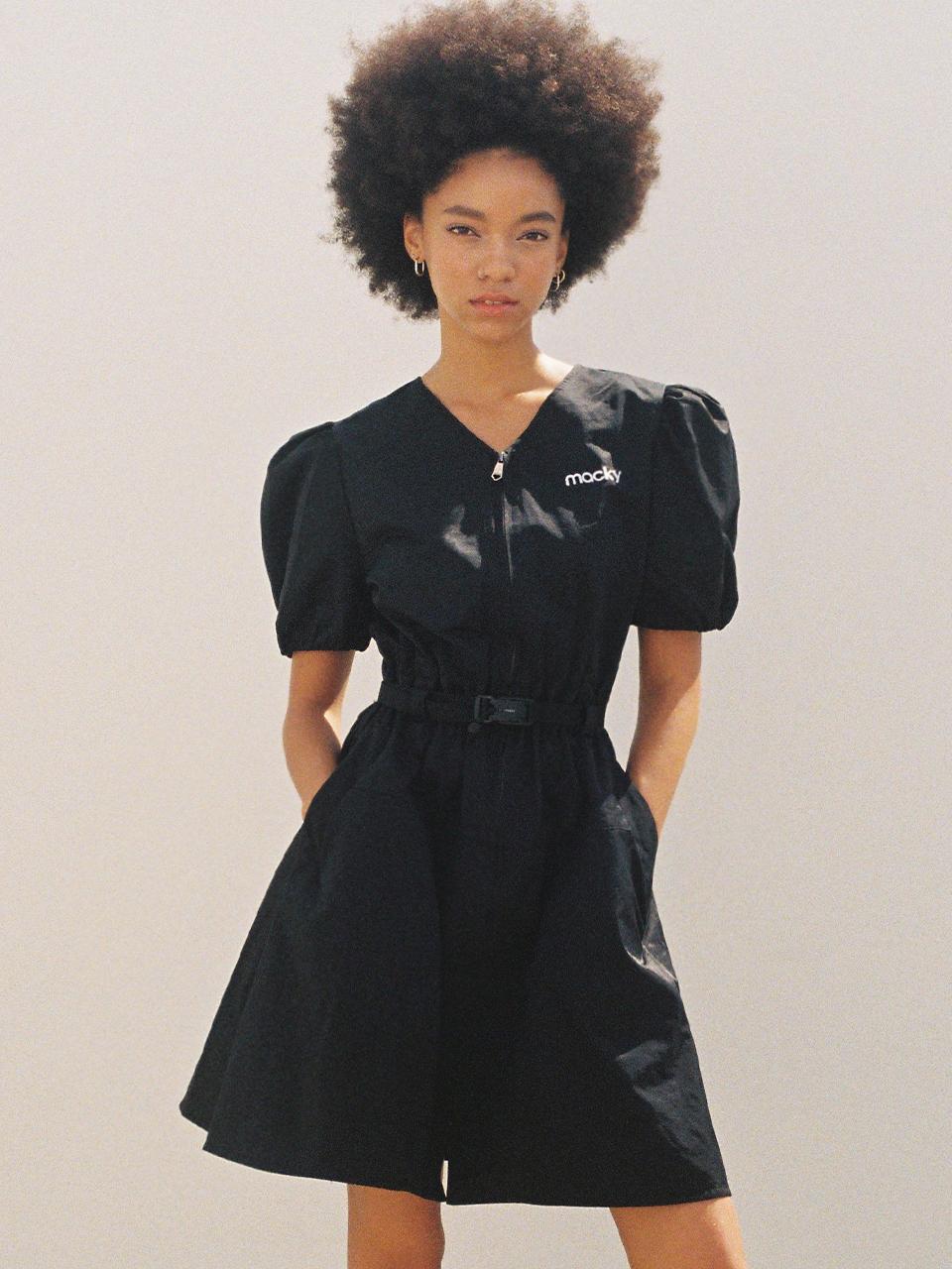 macky Balloon V-belt Dress [black]
