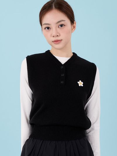 macky Patch Button Knit Vest [Black]