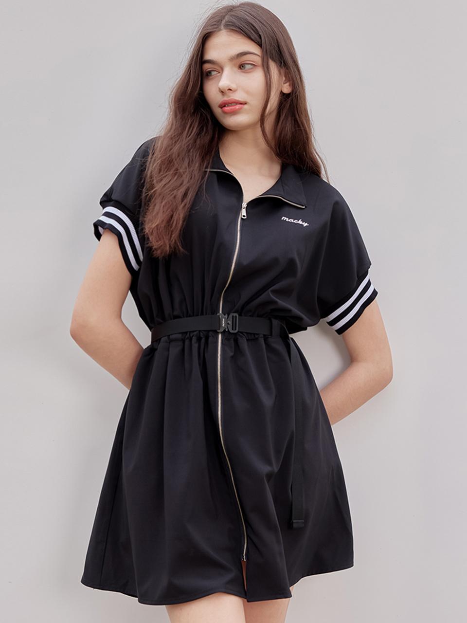 macky spoty zip-up belt dress [black]