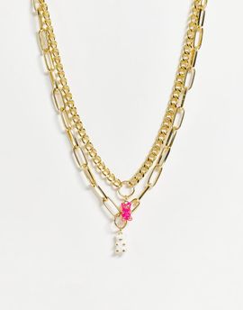 Madein. Madein chunky chain necklace in gold with a pink and white gummy bear charm