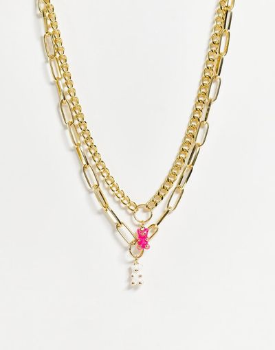Madein. Madein chunky chain necklace in gold with a pink and white gummy bear charm