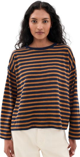 Madewell Madewell Easy Crewneck Long Sleeve Tee In Stripe Acorn And Deep Indigo