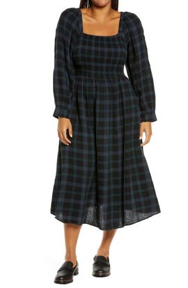 Madewell Madewell Lucie Livonia Plaid Lightspun Long Sleeve Smocked Midi Dress