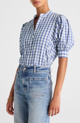 Madewell Madewell Plaid Puff Sleeve Band Collar Shirt