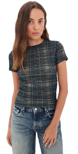 Madewell Madewell Ruched Mesh Tee Green Plaid