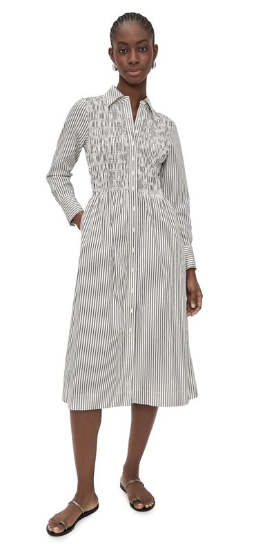 Madewell Madewell Smocked Midi Shirt Dress White Black Stripe