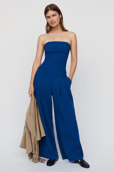 Maeve Avery Strapless Wide-Leg Pleated Jumpsuit