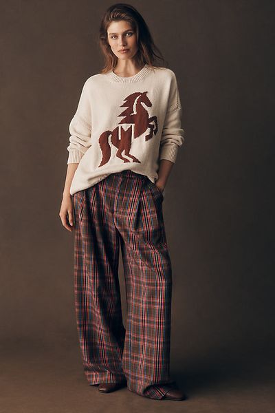 Maeve Avery Wide-Leg Pleated Trousers Pants