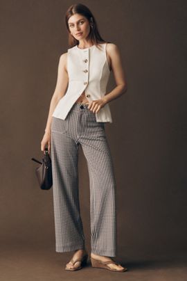 Maeve Colette Gingham Knit High-Rise Wide-Leg Full-Length Pants