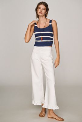 Maeve Colette Ruffle-Hem High-Rise Wide-Leg Cropped Jeans