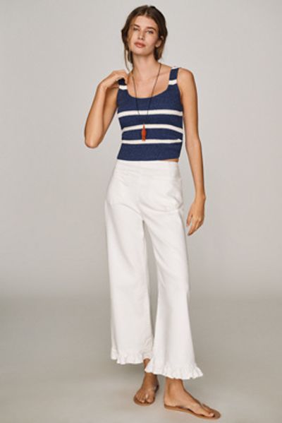 Maeve Colette Ruffle-Hem High-Rise Wide-Leg Cropped Jeans