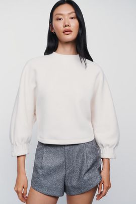 Maeve Cotton Blend Pleated Sleeve Crewneck Top
