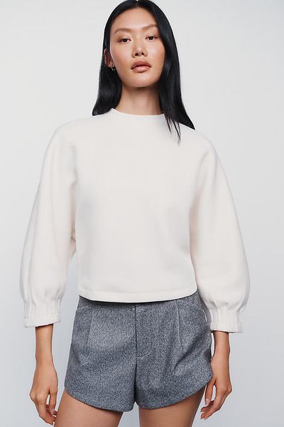 Maeve Cotton Blend Pleated Sleeve Crewneck Top