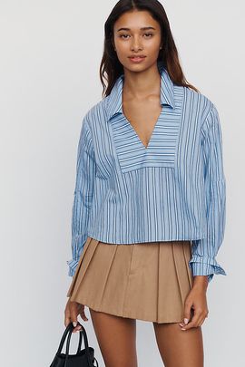 Maeve Cotton Poplin Blend Cropped Henley Top
