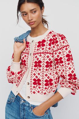 Maeve Cotton Wool Cropped Puff-Sleeve Cardigan