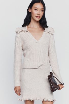 Maeve Cotton Wool Ribbed & Ruffled Knit Mini Skirt
