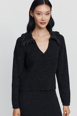 Maeve Cotton Wool Ribbed & Ruffled Knit Top