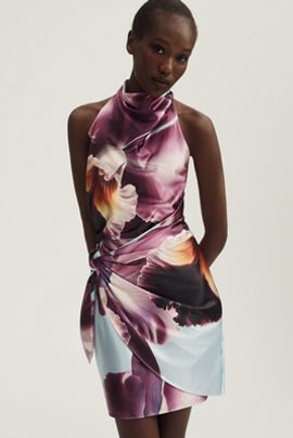 Maeve Draped Halter Satin Mini Dress