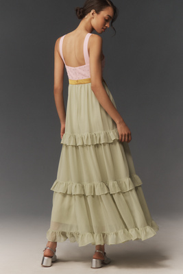 Maeve - Embellished Deep-V Tiered Ruffle Maxi Dress