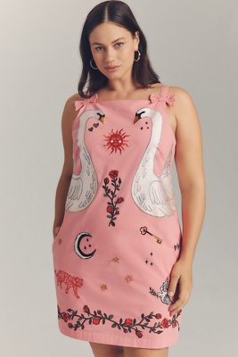maeve embroidered mini shift dress Maeve Floral Dixie Split Neck Shift Dress WHT-COBALTS / XL by Sugarlips