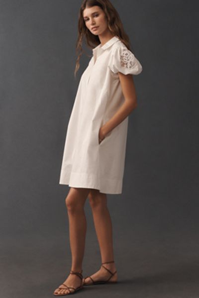 Maeve Embroidered Puff-Sleeve Mini Shirt Dress