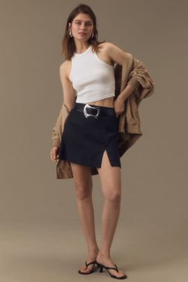 Maeve European Linen Stretch Side Slit Mini Skirt