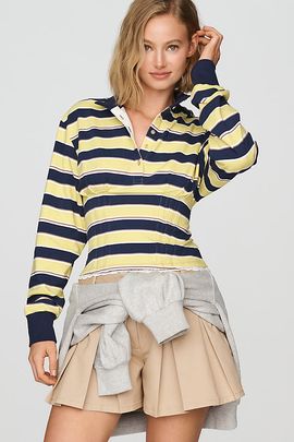 Maeve Lace-Trim Corsetted Long-Sleeve Polo