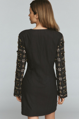 knee length dresses for ladies Square Neck Long Sleeve Mini Dress in Black - 2 / Regular main image 1