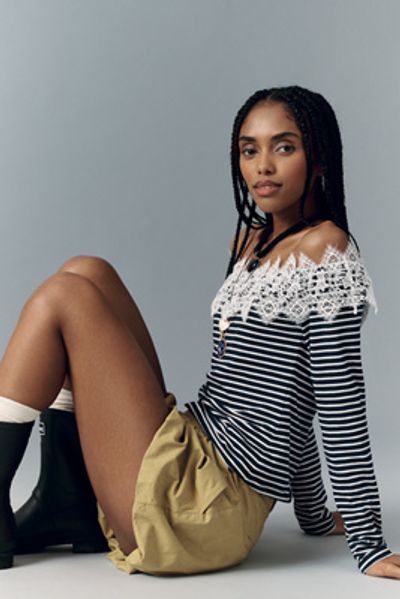 Maeve Off-Shoulder Long-Sleeve Lace Tee