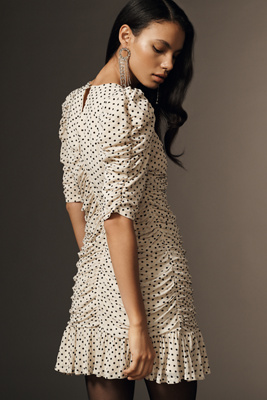 Maeve - Puff-Sleeve Ruched Mesh Polka Dot Mini Dress