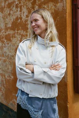 Maeve Retta Funnel-Neck Double-Breasted Short Trench Coat Jacket