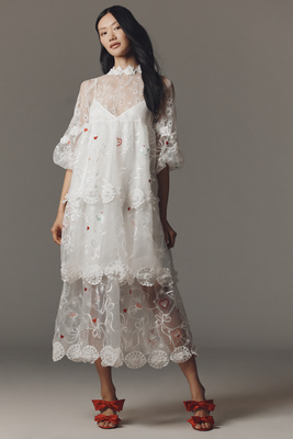 Maeve - Sheer 3D Floral Long-Sleeve V-Neck Maxi Dress