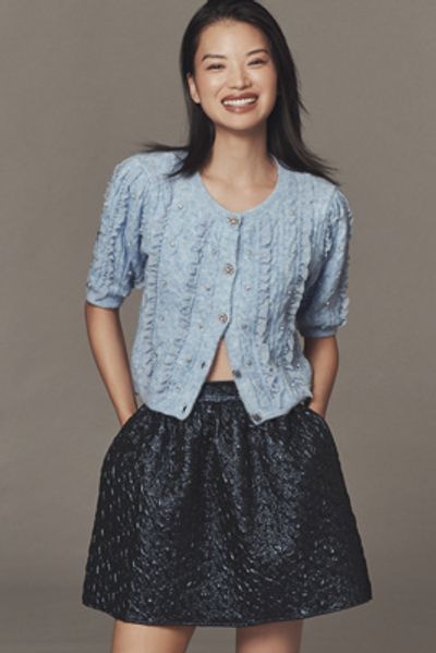 Maeve - Short-Sleeve Embellished Ruffled Cardigan Sweater