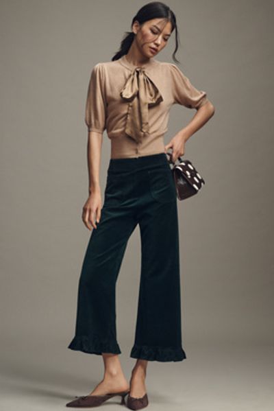 Maeve The Colette Crop Velvet Ruffle-Hem Pants by Maeve
