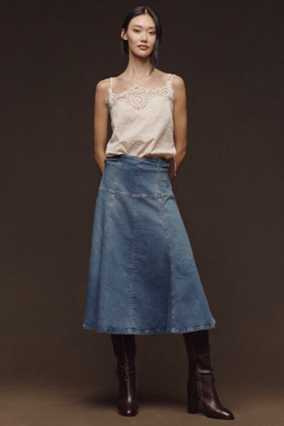 Maeve Twyla Paneled-Denim Midi Skirt