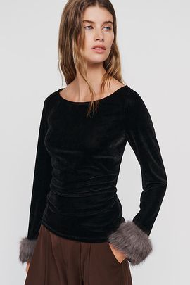 Maeve Velvet Faux Fur Cuff Crew Neck Top