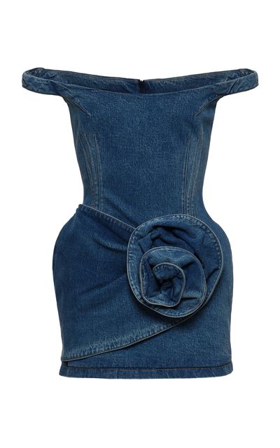 magda butrym denim dress Off-shoulder bustier denim dress in light blue