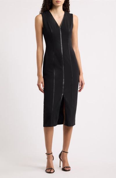 Maggy London Maggy London Leather Trim Sleeveless Midi Dress