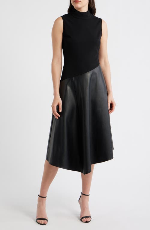 Maggy London Maggy London Mixed Media Asymmetric Mock Neck Midi Dress