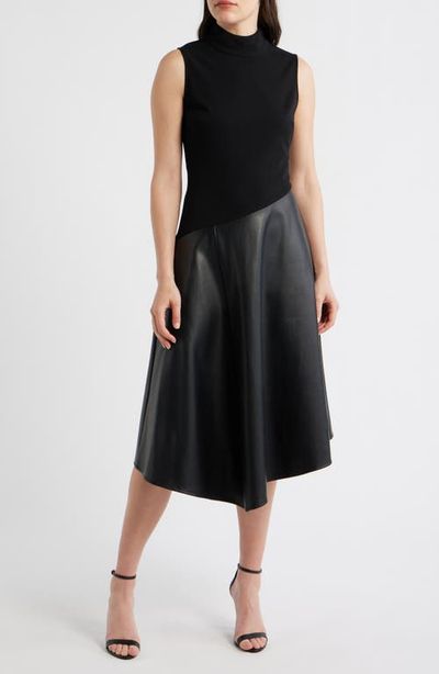 Maggy London Maggy London Mixed Media Asymmetric Mock Neck Midi Dress