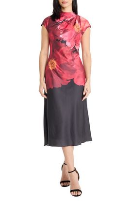 Maggy London Maggy London Pleated Floral Print Cap Sleeve Satin Midi Dress