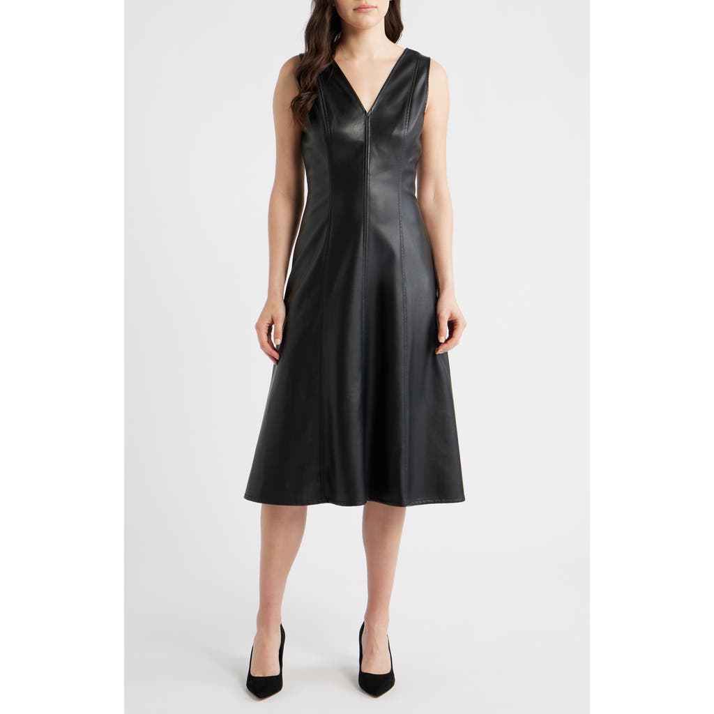 Maggy London Maggy London V-Neck Faux Leather Fit & Flare Midi Dress