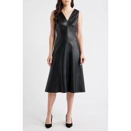 Maggy London Maggy London V-Neck Faux Leather Fit & Flare Midi Dress