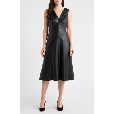Maggy London Maggy London V-Neck Faux Leather Fit & Flare Midi Dress