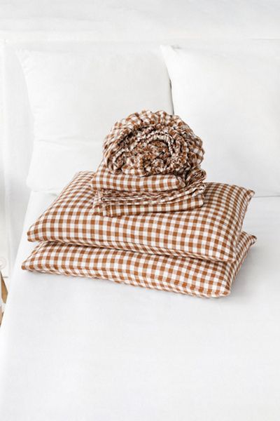 MagicLinen MagicLinen 4-piece Linen Sheet Set in Cinnamon Gingham at Urban Outfitters