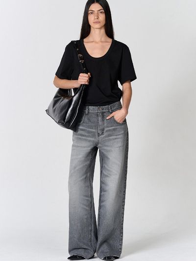MAGJAY Low-rise Wide Washed Denim Pants [Light Grey]