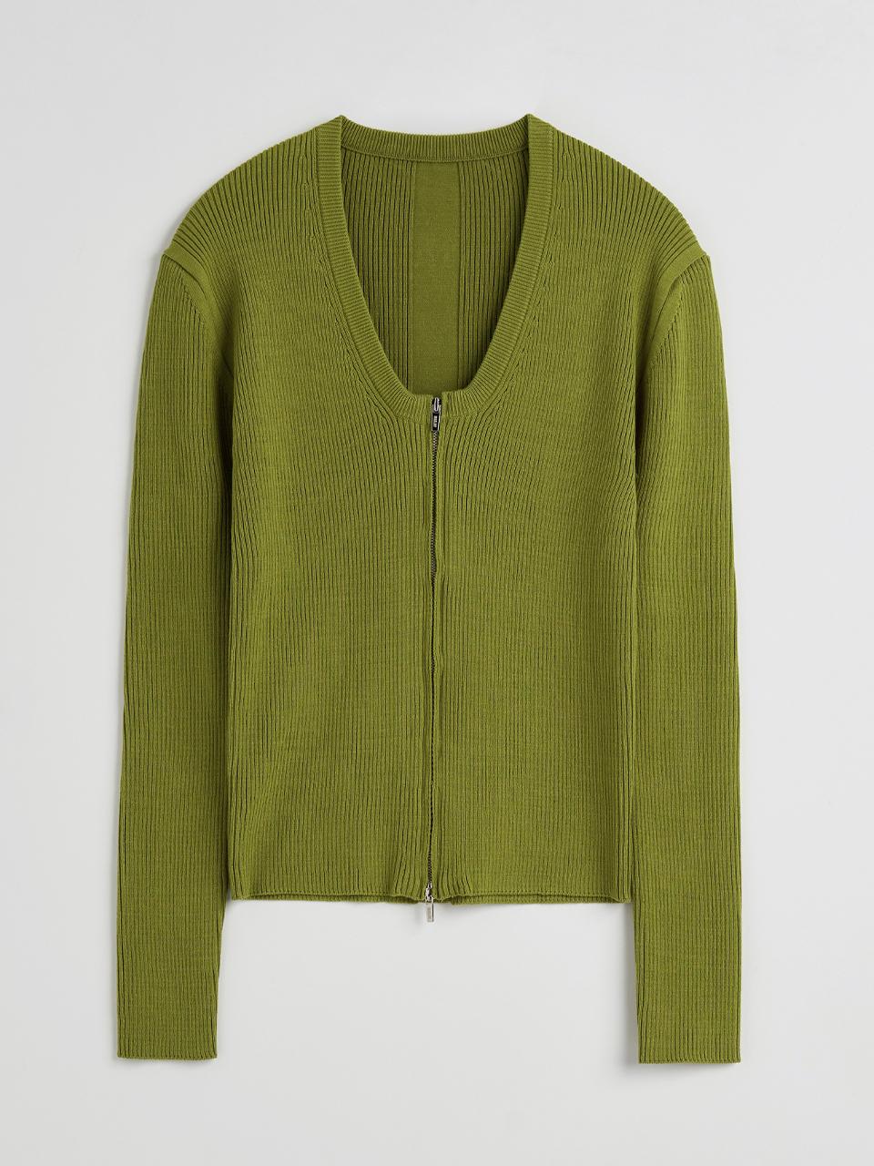 MAGJAY Thin Ribbed Two-Way Zip-up Cardigan [GREEN]