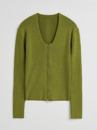 MAGJAY Thin Ribbed Two-Way Zip-up Cardigan [GREEN]